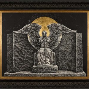 Pen and ink rendering of a weeping angel statue holding a staff with moon background.