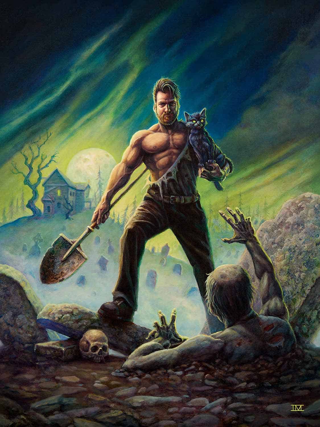 Night Of The Sexton - man with torn shirt holding shovel standing in graveyard at night