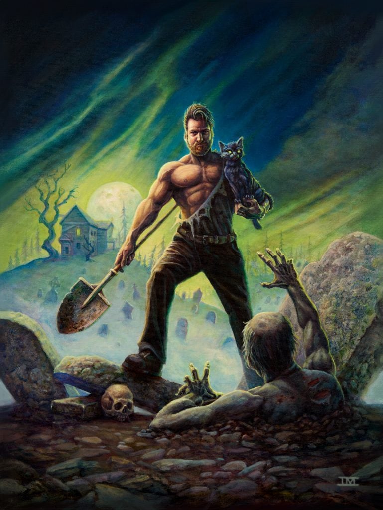 Shirtless man with shovel standing in graveyard at night