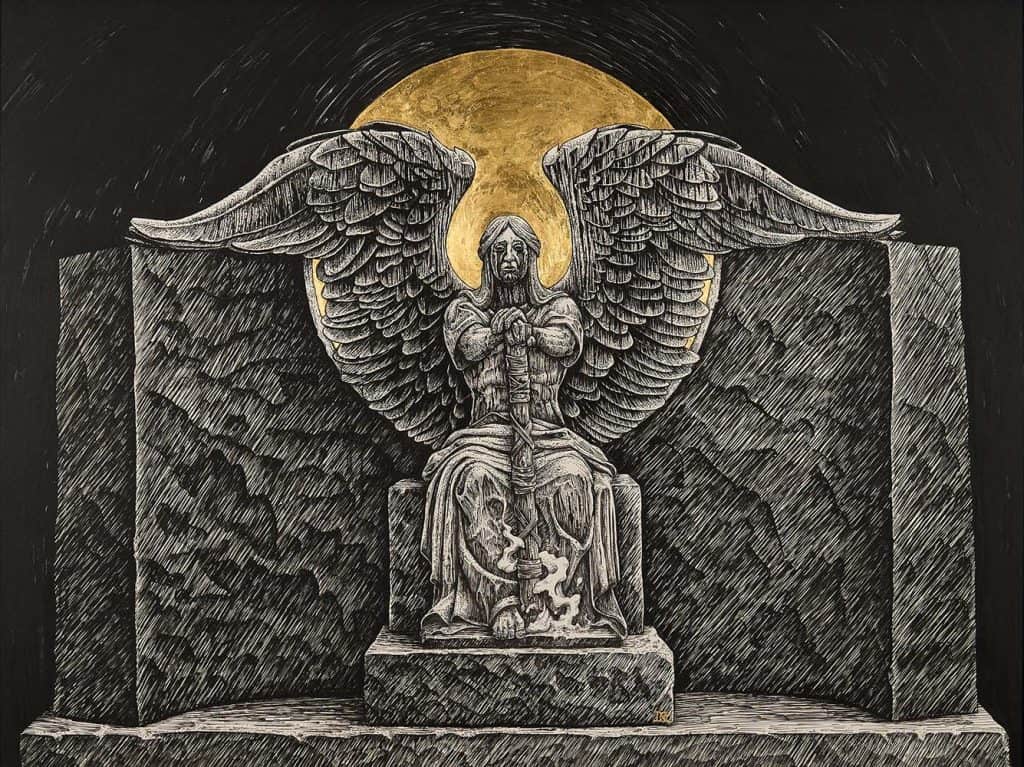 Angel statue sitting on throne with a sword in pen and ink